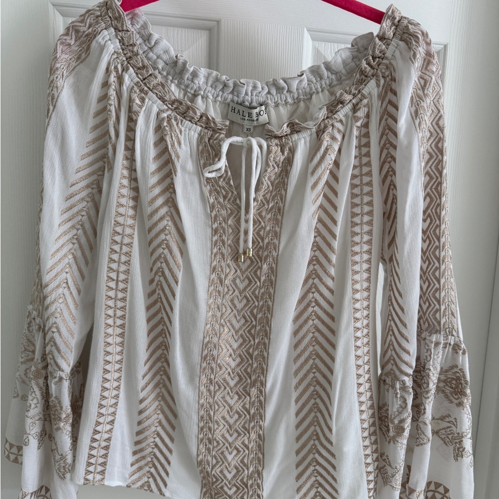Hale Bob Tan and White Smocked Blouse 3/4 Sleeve